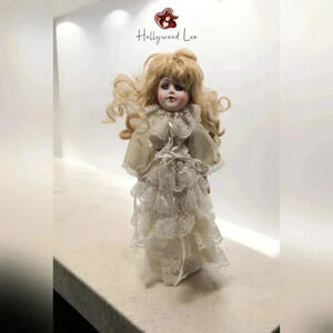 Vintage Porcelain Doll Blonde Blue Eyes Lace dress 16 in.